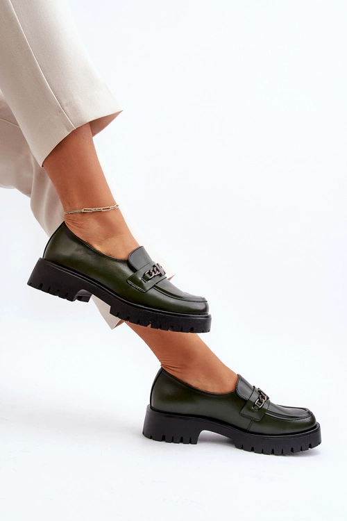 Skórzane Mokasyny Damskie Z Ozdobą Ciemnozielone Loraleima