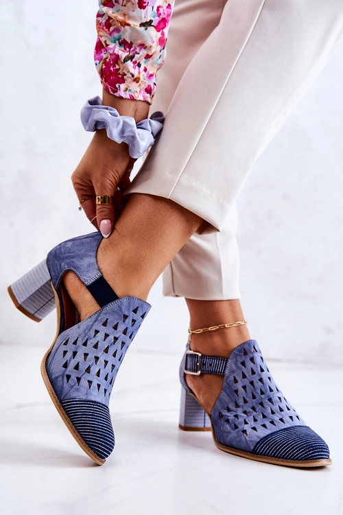 Damskie Skórzane Ażurowe Botki Maciejka 04962-06 Niebieskie