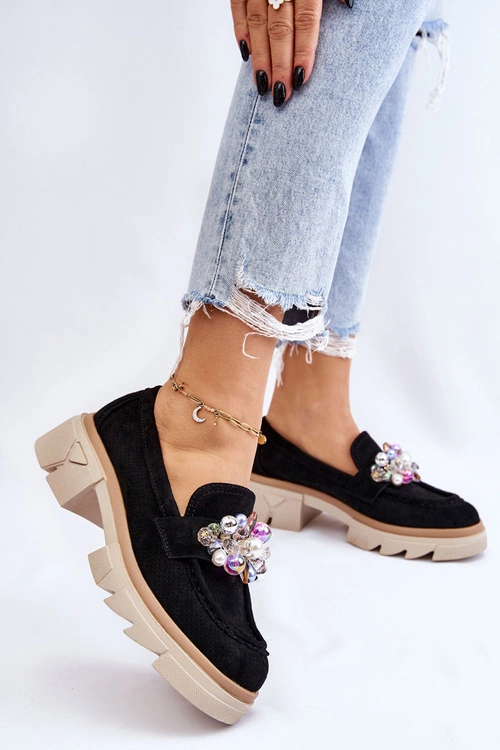 Damskie Półbuty Mokasyny Z Ozdobami Czarne Issac