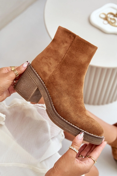 Botki Na Obcasie Słupku Eko Zamszowe Ocieplane Na Zamek Camel Lerallea