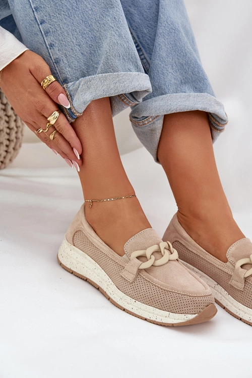 Zamszowe Mokasyny Na Platformie Z Łańcuchem D&A TW552 Beżowe