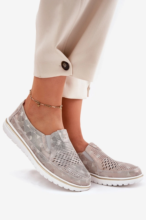 Zamszowe Półbuty Wsuwane Beżowo-Złote Inez