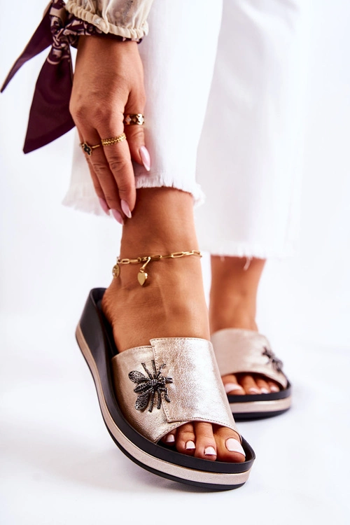 Damskie Modne Klapki Z Ozdobą Złote Holle