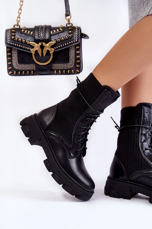 Damskie Botki Workery Sznurowane Czarne Marlissa