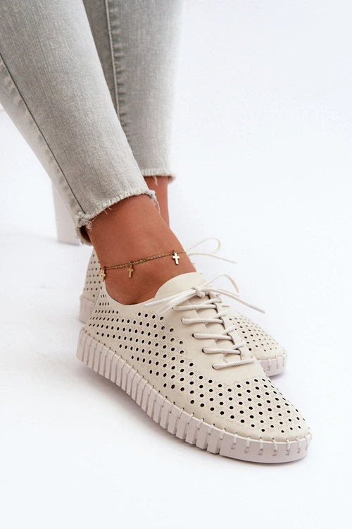 Skórzane Damskie Trampki Z Ażurowym Wzorem Beżowe Ilvima