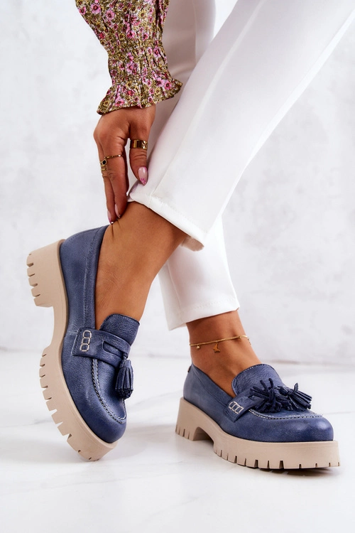 Damskie Skórzane Półbuty Frędzle Maciejka 05497-17 Niebieskie