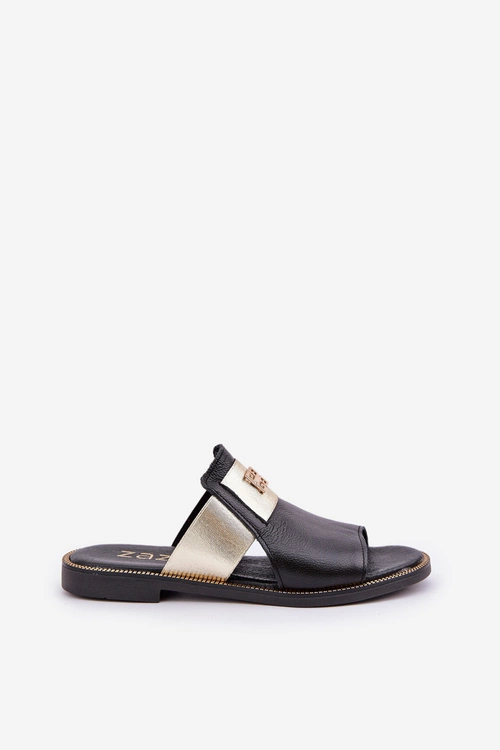 Eleganckie Klapki Ze Skóry Naturalnej Na Płaskim Obcasie Zazoo 40423 Czarne