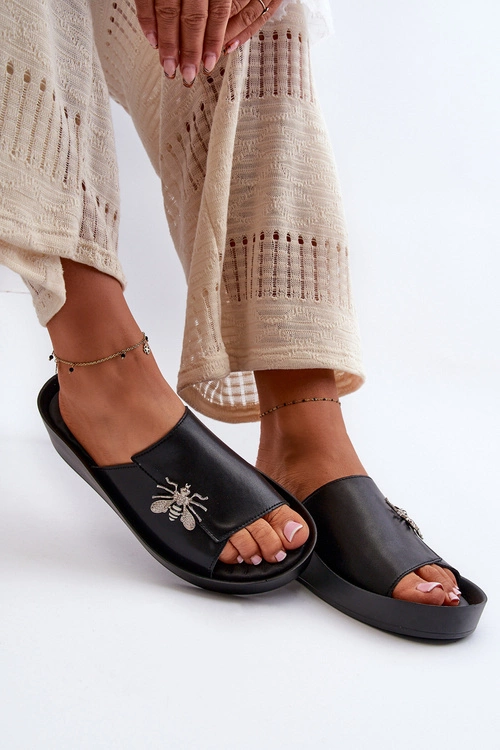 Eleganckie Klapki Damskie Z Ozdobą Skóra Naturalna S.Barski KV27-015 Czarne