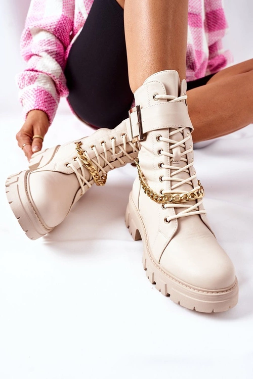 Beżowe Workery Botki z Łańcuchem Klamra Tanaros