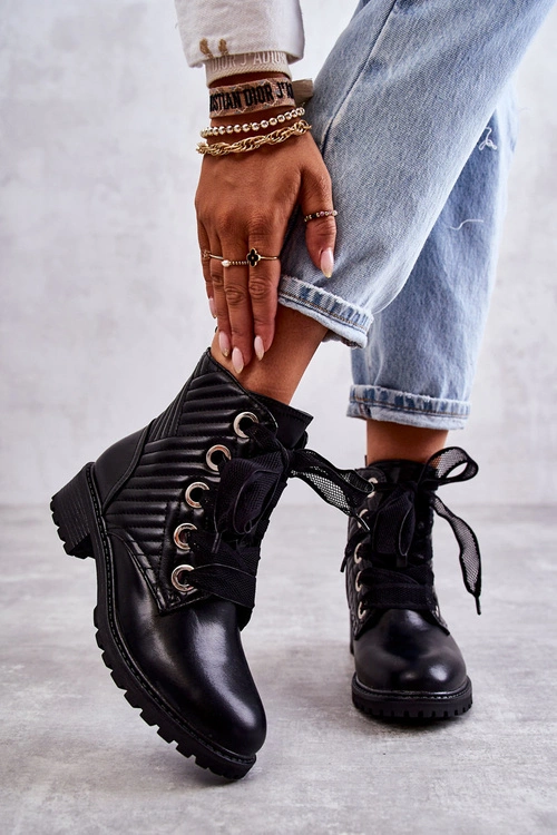 Skórzane Pikowane Botki Z Ociepleniem Czarne Torino