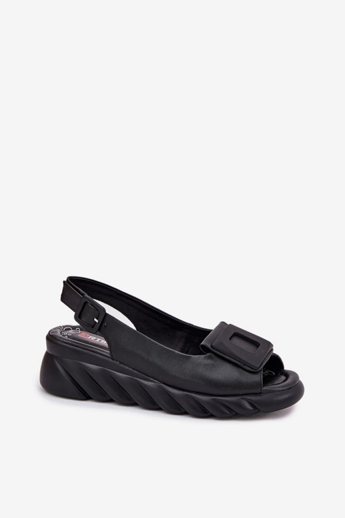 Skórzane Sandały Damskie Na Koturnie z Ozdobą Artiker 56C2156 Czarne