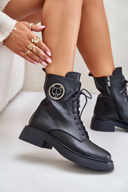 Skórzane Botki Workery Ocieplane Na Zamek Z Ozdobą Czarne Lorevine