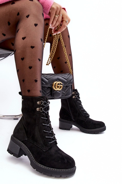 Damskie Botki Na Niskim Obcasie Sznurowane Czarne Adinail