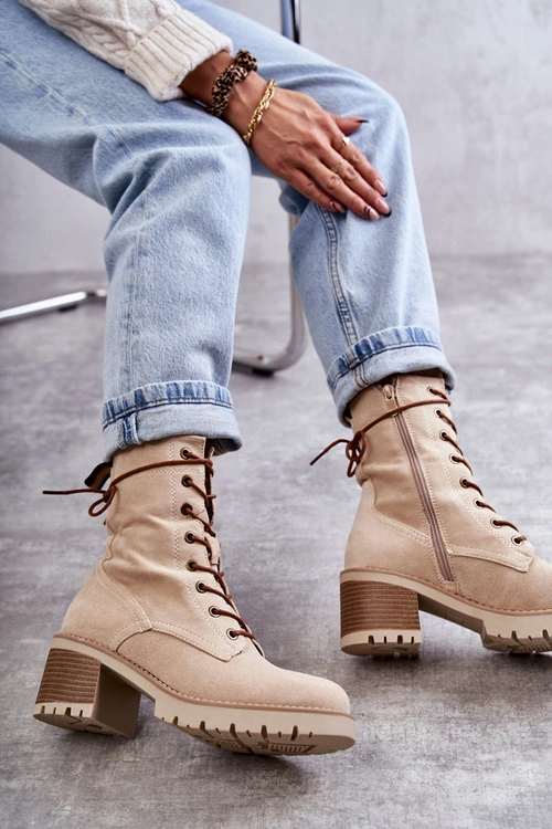 Damskie Ocieplane Botki Trapery Na Obcasie Beżowe Julieta