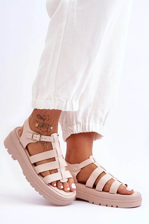 Skórzane Sandały Z Paseczkami Beżowe Colet