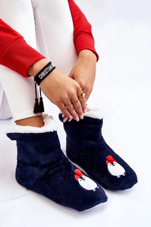 Damskie Wsuwane Ocieplane Papcie Z Pingwinami Granatowe