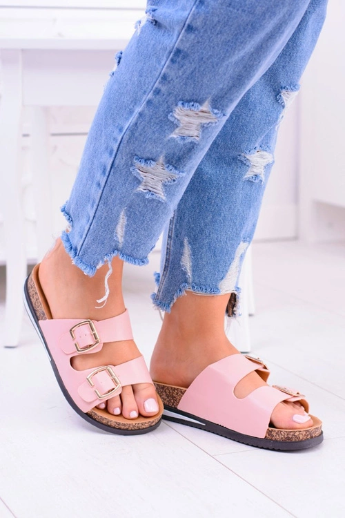 Damskie Różowe Klapki Z Klamrami Na Korku Ferone