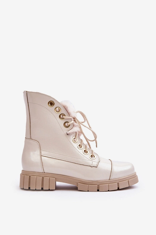 Skórzane Botki Damskie Z Futerkiem Jasnobeżowe Lewski 3296