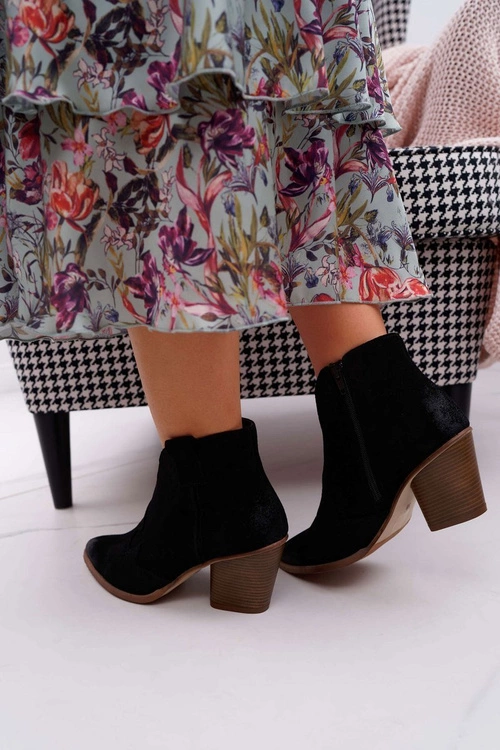 Botki Damskie Czarne Skórzane na Obcasie Chavai