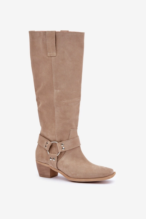 Zamszowe Kozaki Na Niskim Obcasie Z Cholewką Przed Kolano Zazoo 3444/O Jasnobeżowe