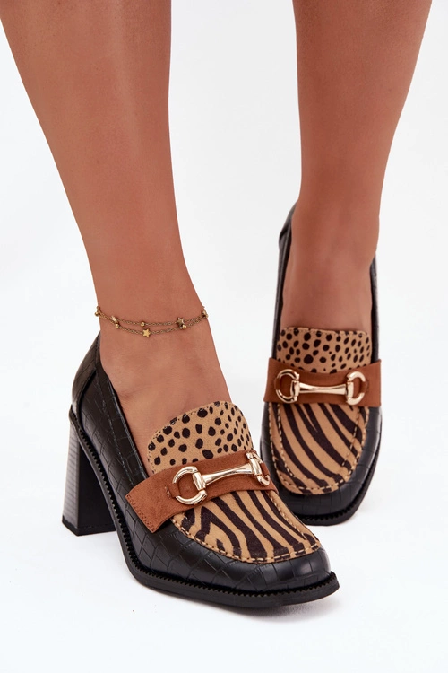 Półbuty Damskie Na Słupku Z Tłoczeniem I Złotym Detalem Czarno-Beżowe Novella