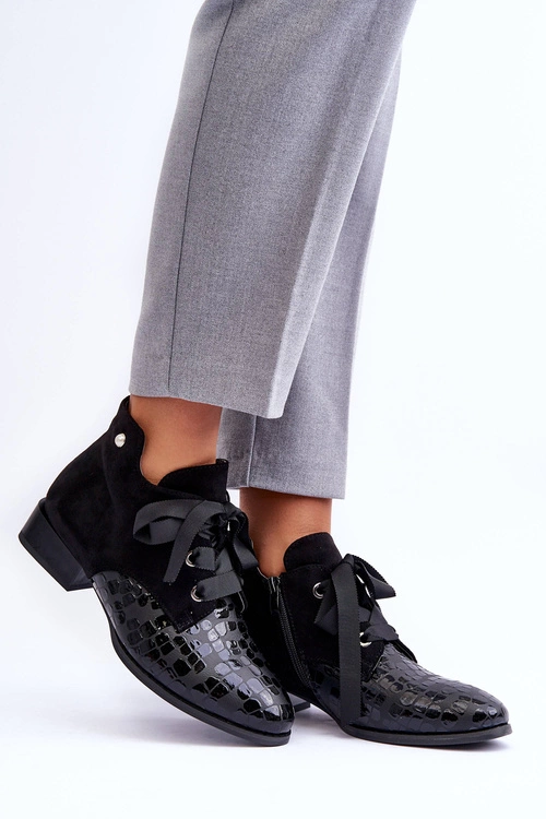 Damskie Półbuty Na Płaskim Obcasie Z Wiązaniem Czarne Meroni - Zamsz