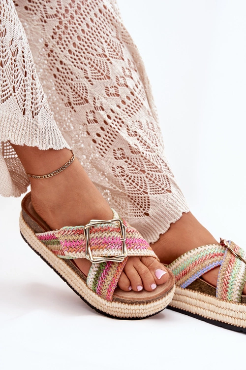 Klapki Damskie Na Platformie Z Plecionką I Złotą Klamrą Multikolor Filazzia