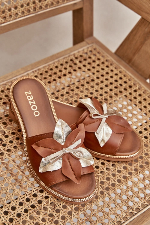 Klapki Z Ozdobą Skóra Naturalna Zazoo 3574/Z Camel