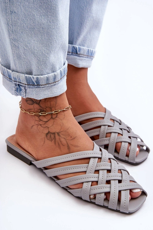 Skórzane Damskie Klapki Z Paskami Szare Doralia