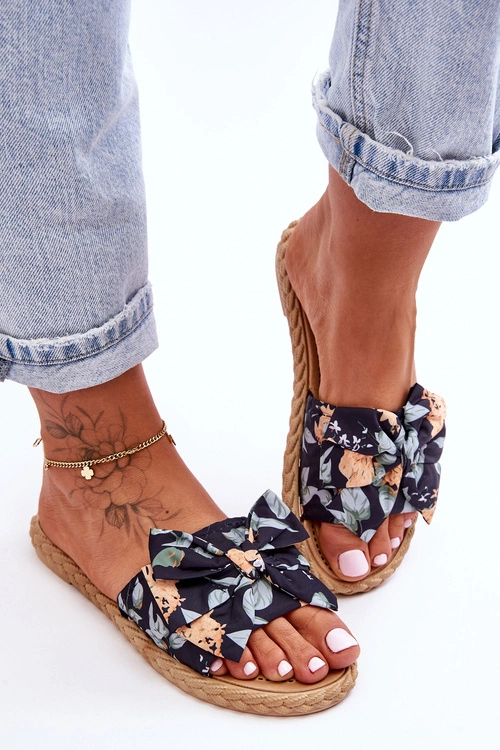 Damskie Klapki Z Materiałową Kokardą Czarne Blossom