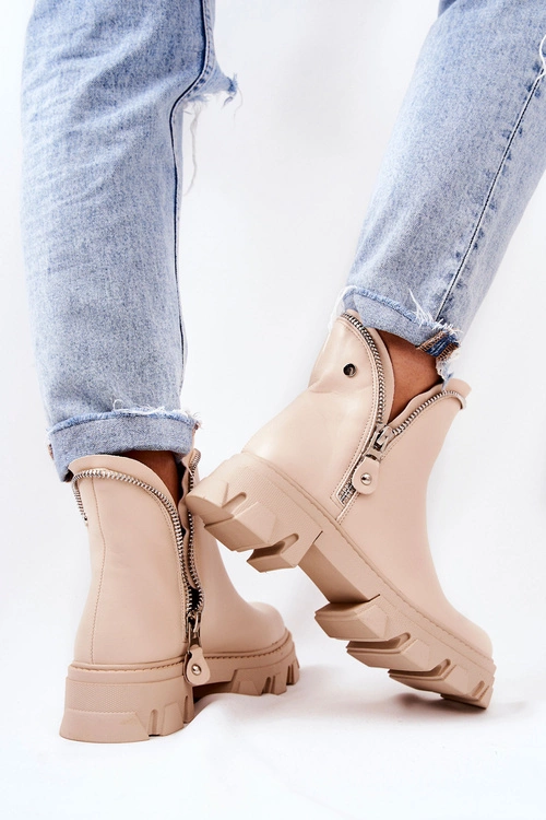 Skórzane Botki Ozdobne Suwaki Beżowe Deborah