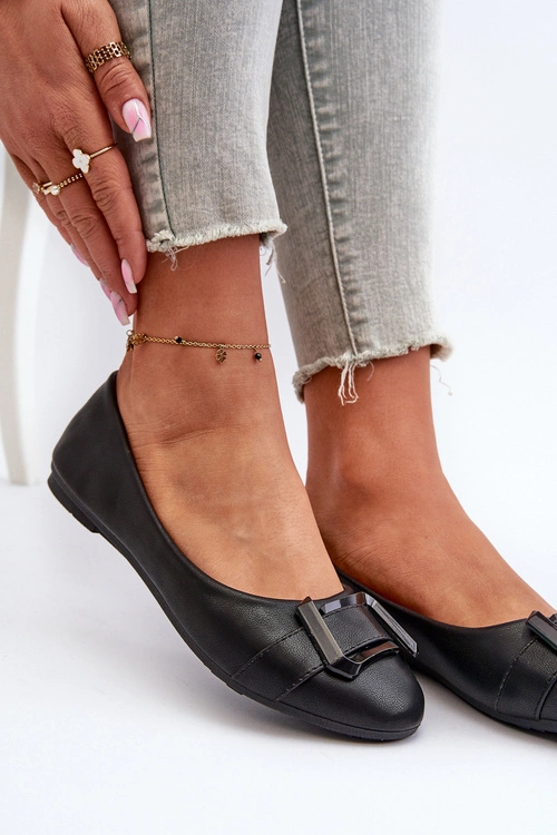 Baleriny Z Paskiem I Ozdobą Eko Skórzane Czarne Cadwenla