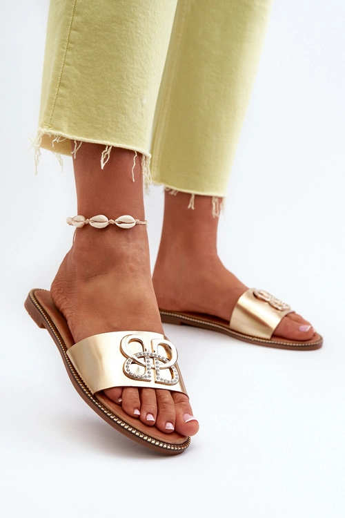 Klapki Damskie Z Ozdobą Eko Skórzane Na Płaskim Obcasie Złote Sadria