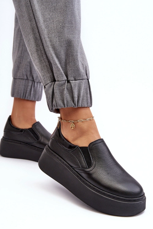 Skórzane Buty Sportowe Damskie na Platformie Czarne Lemar Manish