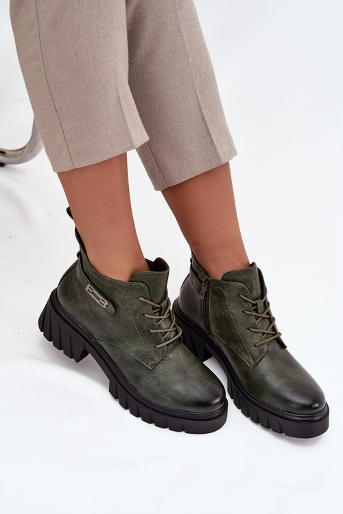 Niskie Ocieplane Botki Damskie Na Klocku Z Ozdobnym Paskiem Ciemnozielone Therisse