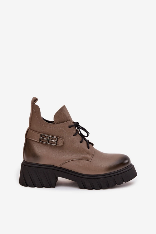 Zazoo 60483 Damskie Skórzane Botki Z Niską Cholewką Ocieplane Ciemnobeżowe