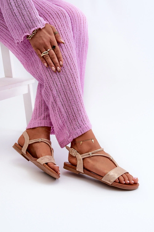 Damskie Płaskie Sandały Z Paskami S.Barski KV27-010 Beżowo-Złote