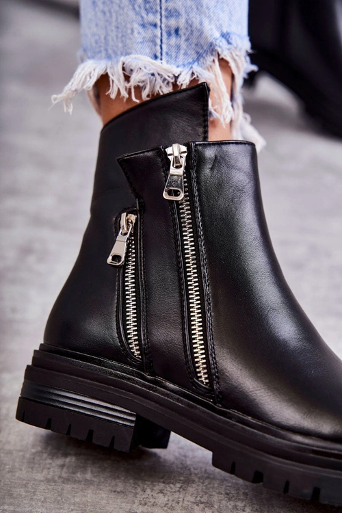 Damskie Skórzane Botki Na Suwak Czarne Navarra