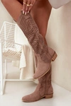 Ażurowe Kozaki Damskie Na Klocku Przed Kolano Beżowe Fioris 