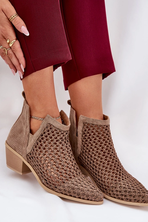 Ażurowe Botki Damskie Na Obcasie Z Wycięciami I Plecionką Khaki Tulifedi