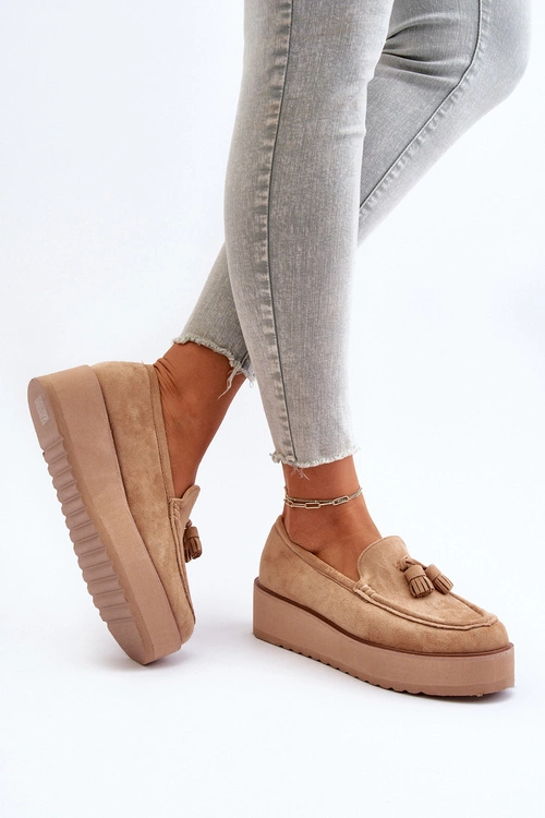 Mokasyny Damskie Na Platformie Z Frędzlami Brązowe Mialani