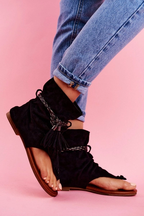 Damskie Sandałki Japonki Z Cholewką Czarne SL1011 Madrit