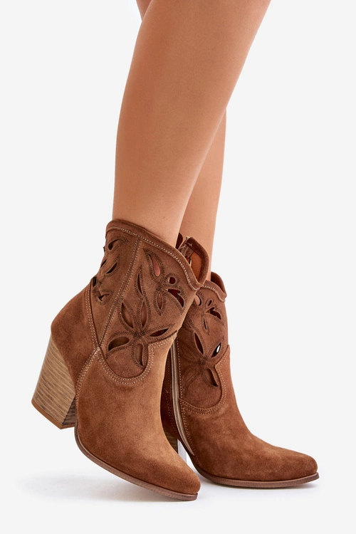 Zamszowe Botki Kowbojki Z Ażurowym Wzorem Lewski 3612 Brązowe