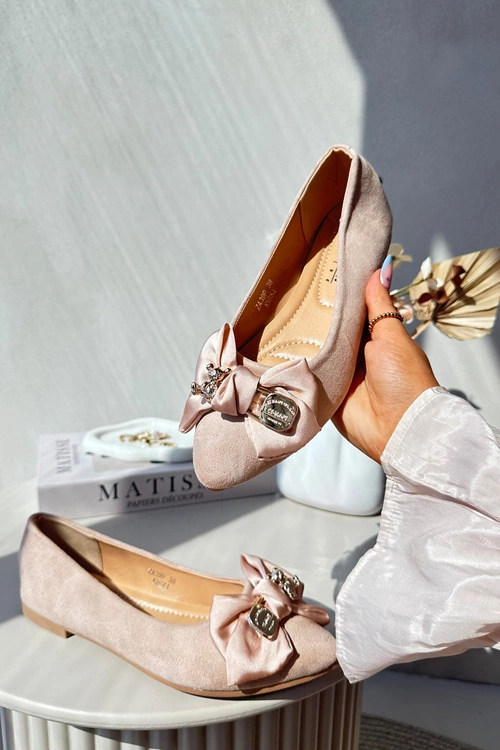 Damskie Eko Zamszowe Baleriny Z Kokardą I Broszką Beżowe Satris