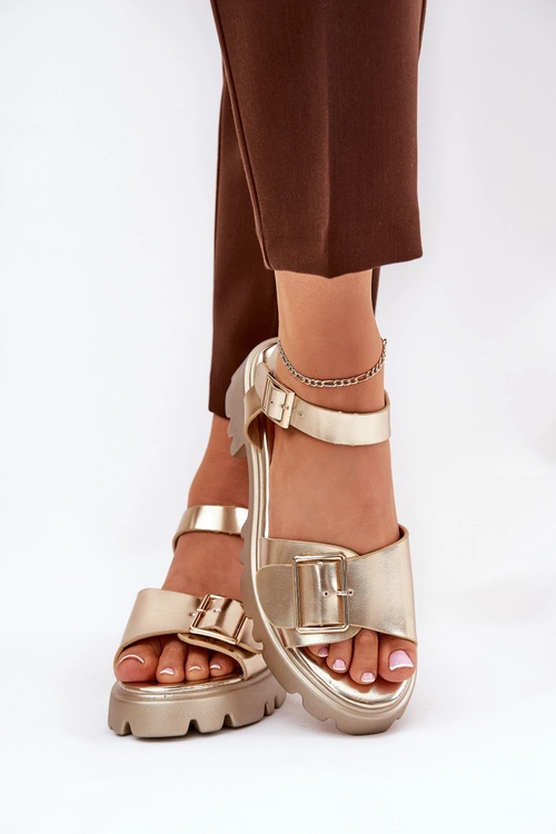 Eko Skórzane Sandały Damskie Z Klamrą Złote Gofielle