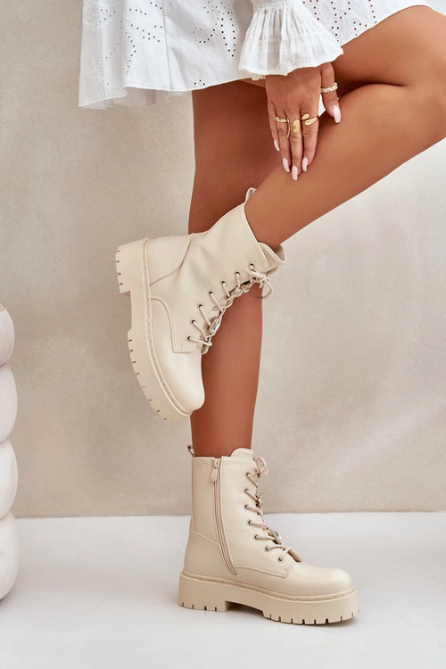 Ocieplane Botki Workery Damskie Z Przypinkami Beżowe Avorira