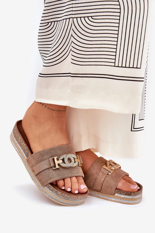 Klapki Damskie Ze Złotym Detalem Na Platformie Z Brokatem Khaki Eanes