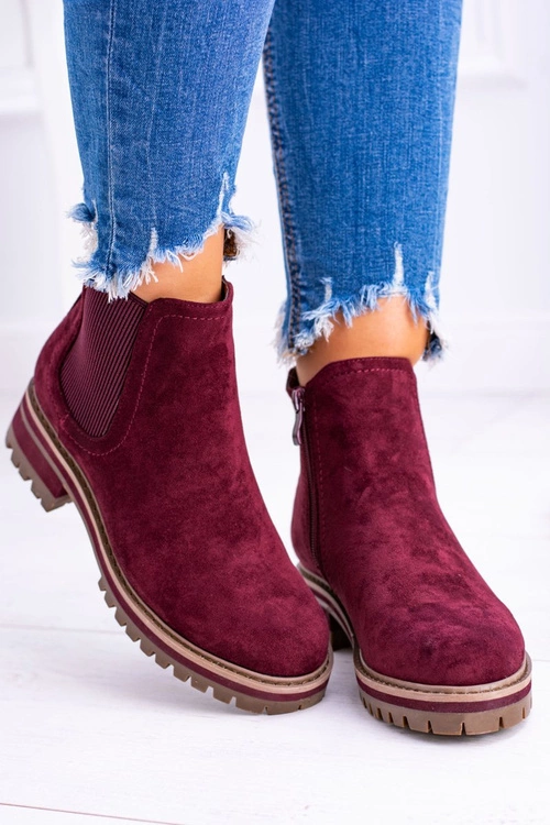 Bordowe Damskie Botki Sztyblety Płaski Obcas Gravis