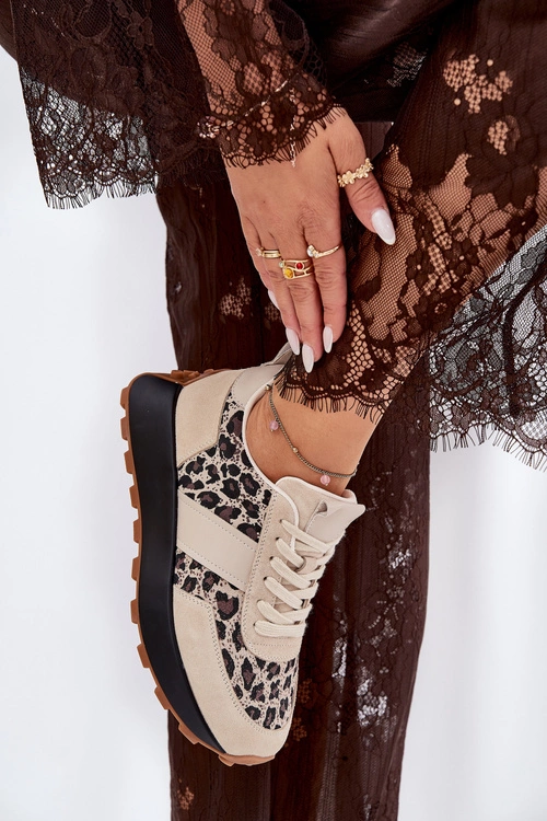 Zamszowe Sneakersy Damskie Na Platformie Panterka Vinceza 66793 Beżowe