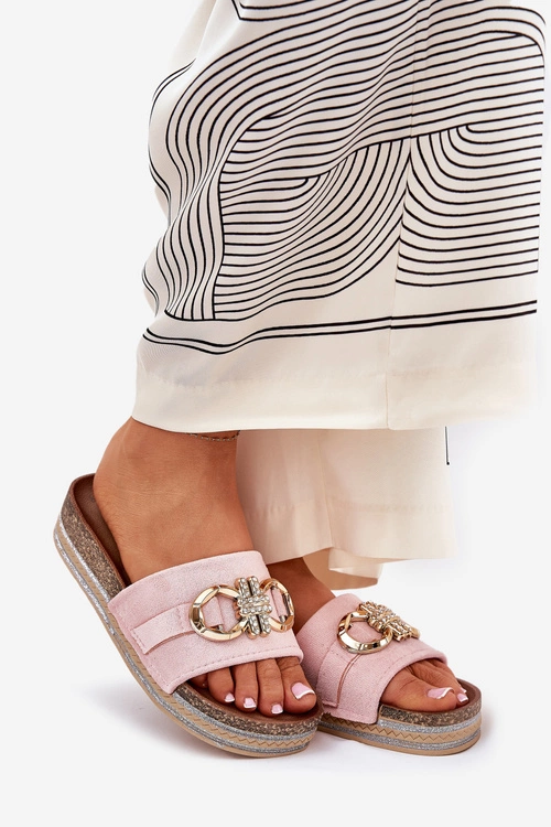 Klapki Damskie Na Platformie Z Brokatem I Złotą Ozdobą Różowe Rilirea